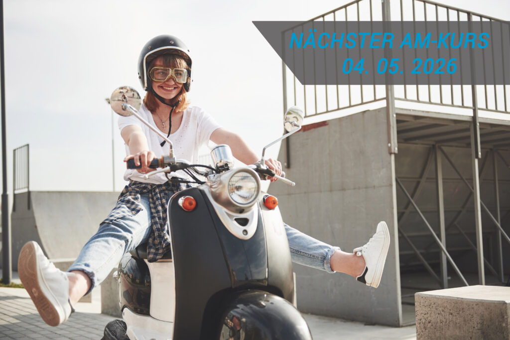 Portrait of a beautiful girl hipster sitting on a black retro scooter, smiling posing and enjoy the warm spring sunshine